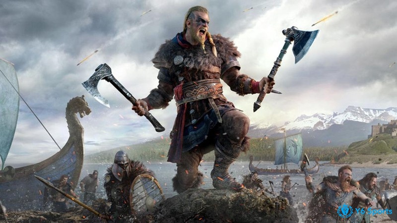 Chiến binh Viking đứng trước cổng một pháo đài cổ, bao quanh bởi rừng rậm và bầu trời u ám