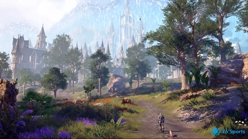 Nhân vật phiêu lưu trong The Elder Scrolls VI, đứng giữa cánh đồng rộng lớn với lâu đài cổ ở xa, với đồ hoạ đỉnh cao.