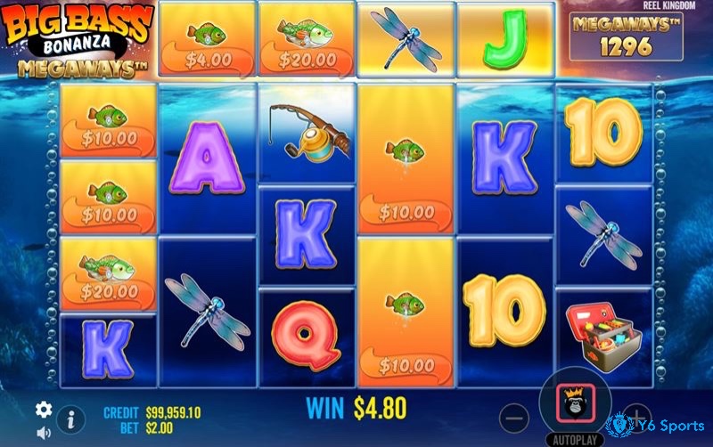 Trò chơi Bigger Bass Bonanza trao 10 free spins khi có 3 Scatter, kèm Wild thu thập tiền và tăng hệ số thưởng lên tới x10