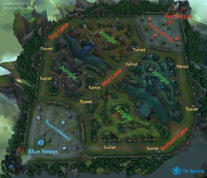 Bản đồ 3 lane đặc trưng của game MOBA cùng các vị trí chính như trụ, rừng và nhà chính.