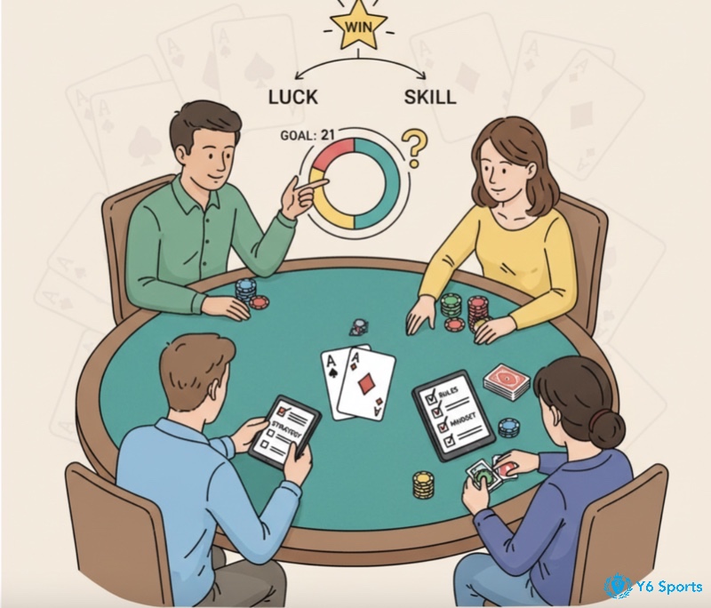 Người chơi xì dách ngồi bàn, xem bài và tính toán điểm, chuẩn bị trước ván đấu trong cách chơi xì dách cơ bản của 868h