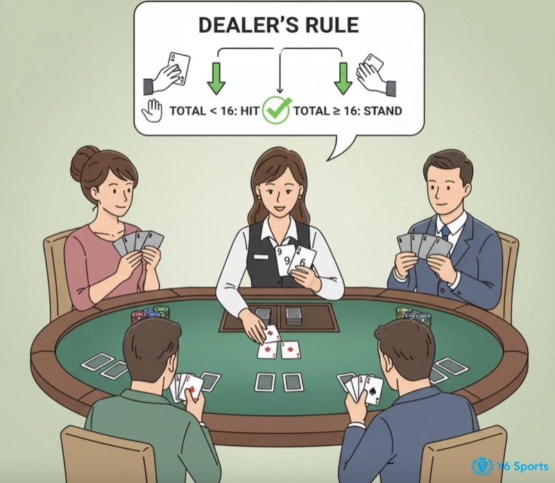 Nhà cái xì dách xem bài, cân nhắc quyết định rút hoặc dằn bài theo luật chơi