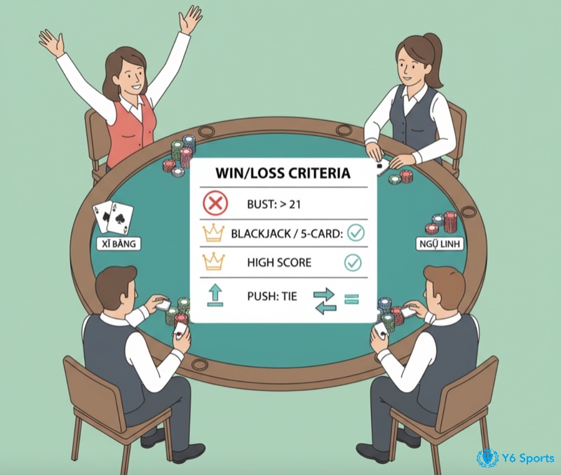 Người chơi xì dách so sánh bài để xác định thắng thua, giải thích các trường hợp đặc biệt về điểm số