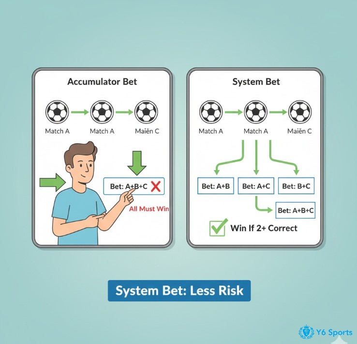 Người đặt cược ví dụ về kèo system với ba trận đấu bóng đá bao gồm các kèo xiên đôi và xiên ba