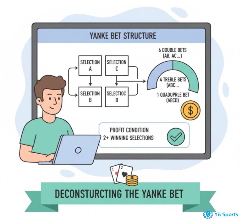 Cấu trúc kèo Yankee: minh họa 4 lựa chọn A, B, C, D tạo thành 11 vé cược gồm 6 xiên đôi, 4 xiên ba và 1 xiên bốn