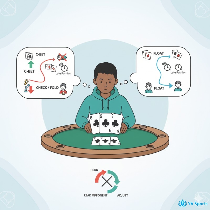 Người chơi poker đánh giá tình huống trên bàn để quyết định C-bet hay float nhằm tối ưu hóa giá trị và đọc vị đối thủ