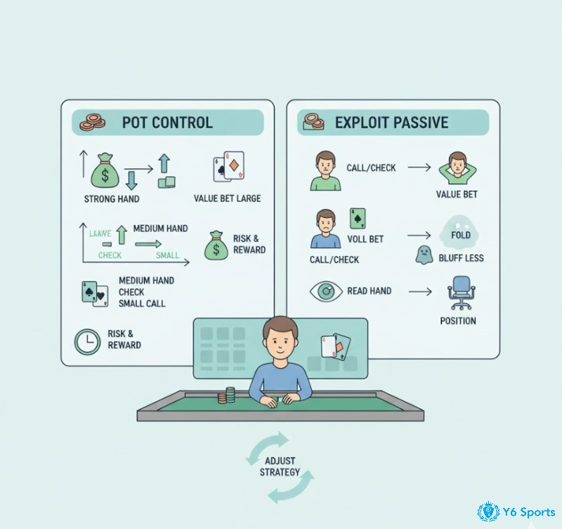 Người chơi poker cân nhắc kiểm soát pot và khai thác đối thủ thụ động để tối ưu hóa chiến lược