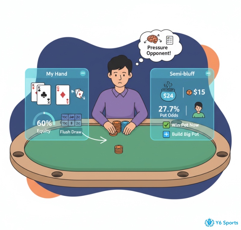 Người chơi poker thực hiện semi-bluff với Combo Draw, gây áp lực lên đối thủ bằng Pot Odds