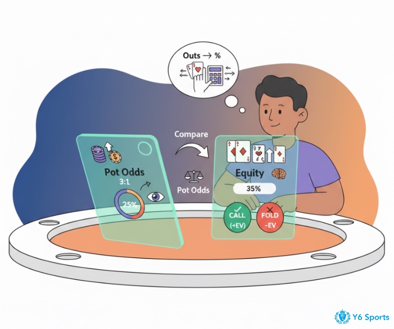 Người chơi poker tính toán Pot Odds và Equity để quyết định theo bài chờ một cách chiến lược