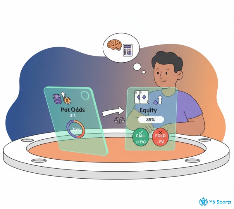 Người chơi poker so sánh Pot Odds và Equity để đưa ra quyết định call/fold chiến lược trong cách tính Pot Odds poker