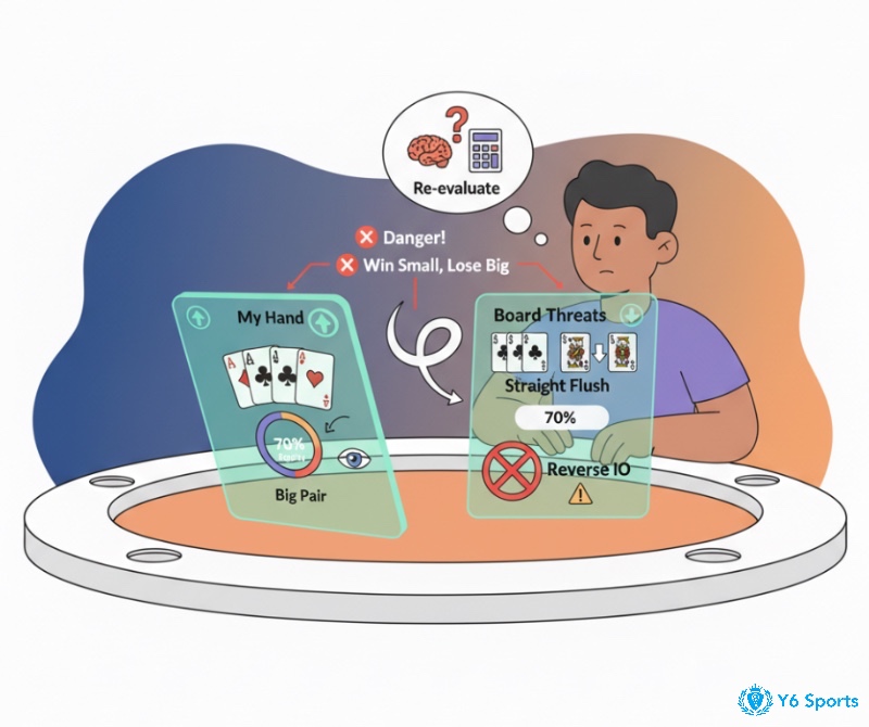 Người chơi poker cảnh giác trước cạm bẫy Reverse Implied Odds, đánh giá lại sức mạnh bài sau khi hit