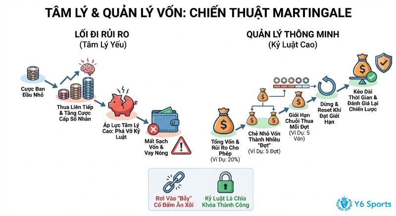 Bảng so sánh con đường rủi ro với tâm lý yếu khi áp dụng chiến thuật cược gấp thếp Martingale và chiến lược quản lý vốn thông minh, kỷ luật cao để đạt thành công