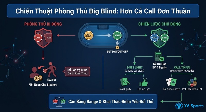 Sơ đồ chiến thuật phòng thủ Big Blind, vượt call đơn thuần, tối ưu EV, cân bằng range, khai thác điểm yếu đối thủ