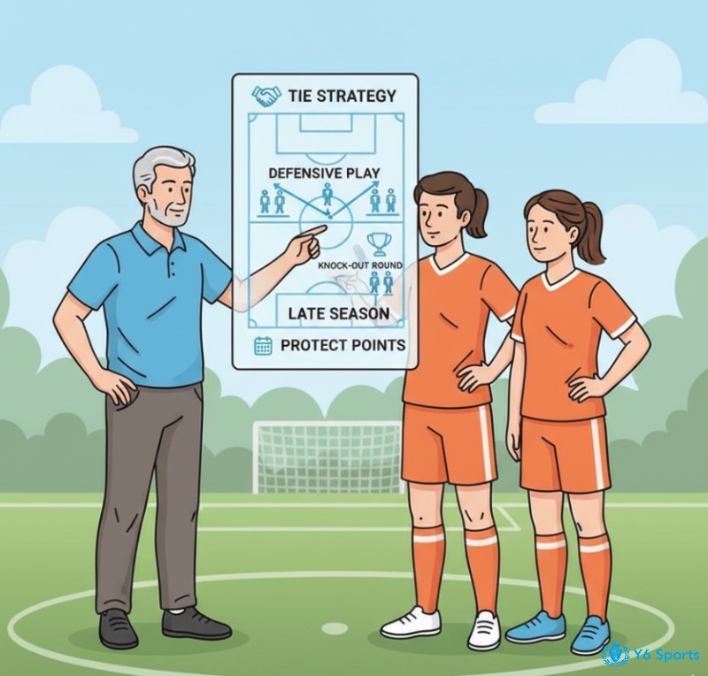 Huấn luyện viên và cầu thủ thảo luận chiến thuật phòng ngự để đạt kết quả hòa có lợi