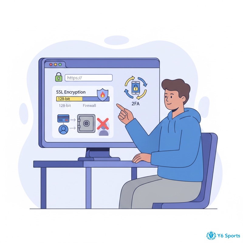 Một người kiểm tra bảo mật trang web, thấy biểu tượng khóa và tường lửa bảo vệ dữ liệu cá nhân