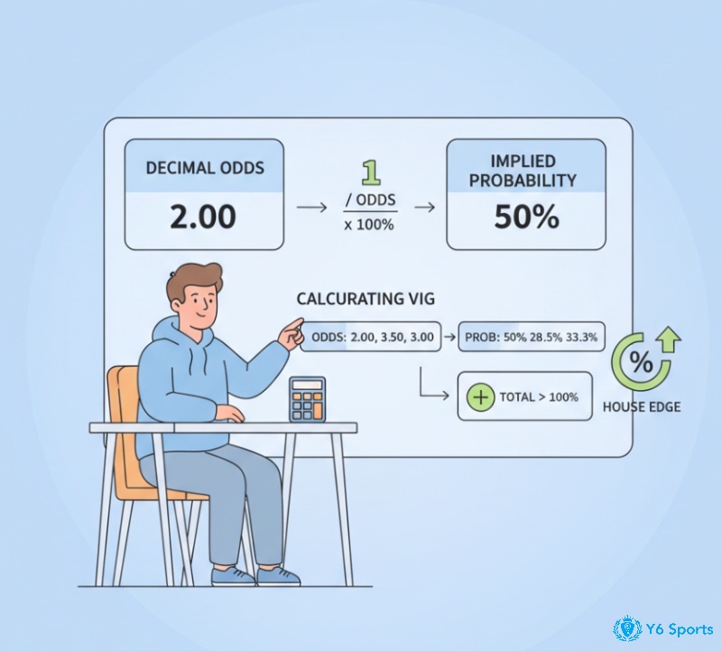 Người dùng chuyển đổi odds thập phân thành xác suất, sau đó phân tích biên lợi nhuận của nhà cái qua công thức tính
