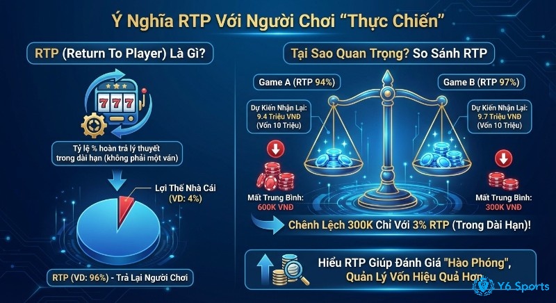 Phân tích chuyên sâu RTP (Return To Player) định nghĩa tỷ lệ hoàn trả, lợi thế nhà cái và so sánh tác động 3% RTP đến 300K VND lợi nhuận dài hạn của người chơi