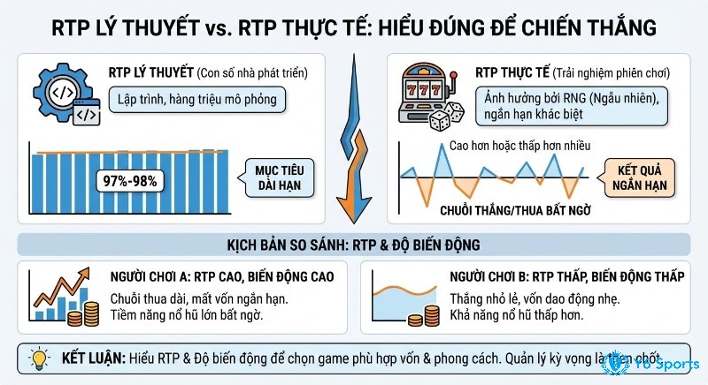 Hướng dẫn chi tiết RTP lý thuyết và thực tế, phân tích độ biến động giúp chọn game phù hợp với vốn và phong cách cá cược