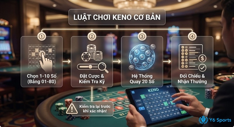 Quy trình 4 bước Keno cơ bản: chọn 1-10 số, đặt cược, quay số và nhận thưởng, lưu ý kiểm tra kỹ trước khi xác nhận