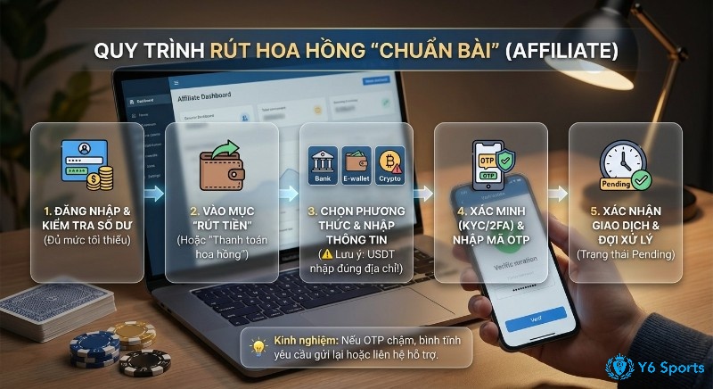 Quy trình 5 bước rút hoa hồng affiliate 'chuẩn bài' tại nhà cái, hướng dẫn chi tiết từ đăng nhập, chọn phương thức (USDT, Bank) đến xác minh KYC/2FA