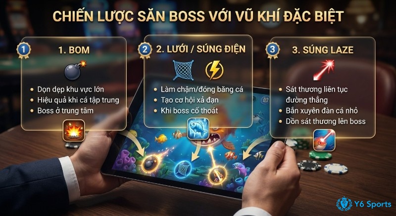Hướng dẫn chiến lược khi nào nên dùng bom, lưới, súng laze để săn boss và bắn cá lớn hiệu quả