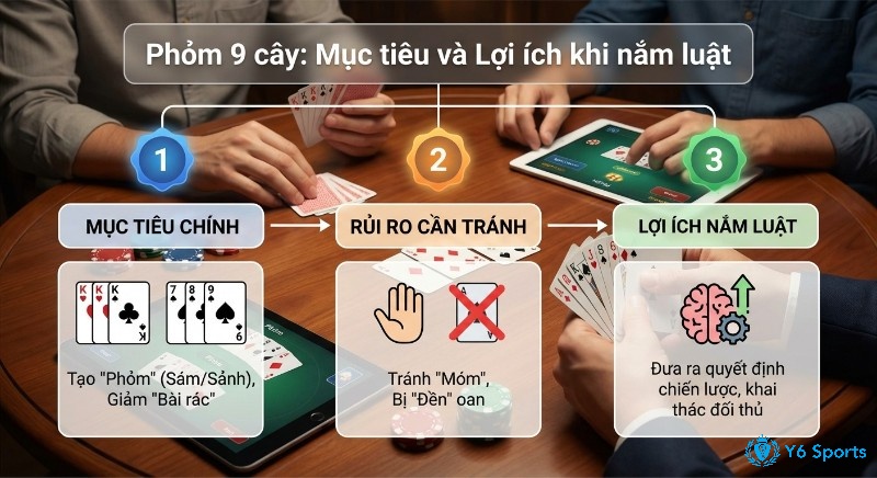 Sơ đồ minh họa mục tiêu chính của Phỏm 9 cây và các lợi ích khi nắm luật giúp người chơi tránh móm, đưa ra quyết định chiến lược