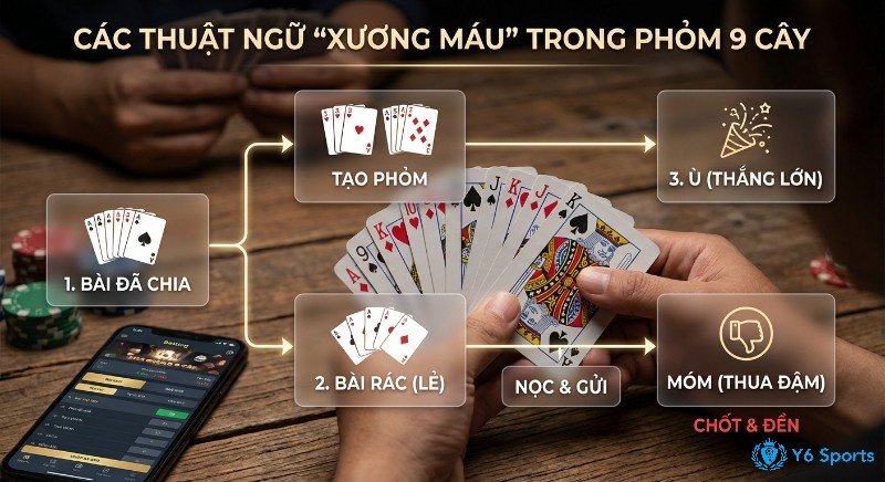 Sơ đồ hướng dẫn các thuật ngữ "xương máu" trong Phỏm 9 cây, giải thích bài đã chia, phỏm, bài rác, ù và móm theo đúng luật chơi phỏm 9 cây