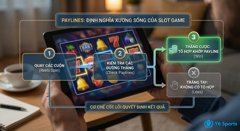 Cơ chế cốt lõi Paylines trong Slot Game là gì với 3 bước quay cuộn, kiểm tra đường thắng, từ đó quyết định thắng cược hay trắng tay