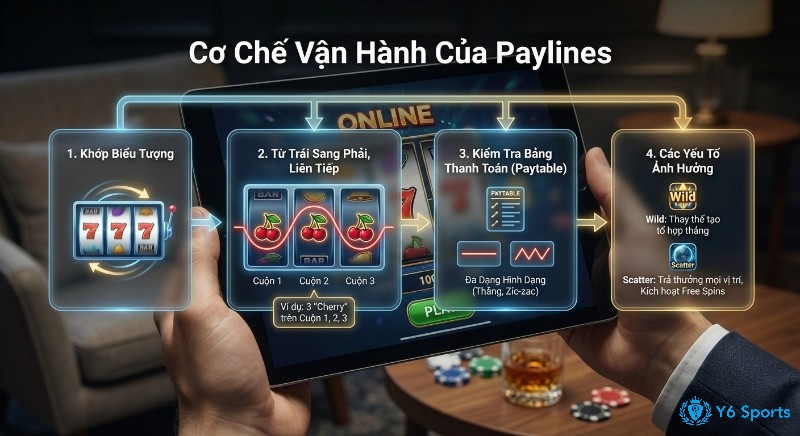 Quy trình 4 bước vận hành Paylines: từ khớp biểu tượng, liên tiếp trái phải, kiểm tra paytable đến yếu tố Wild/Scatter