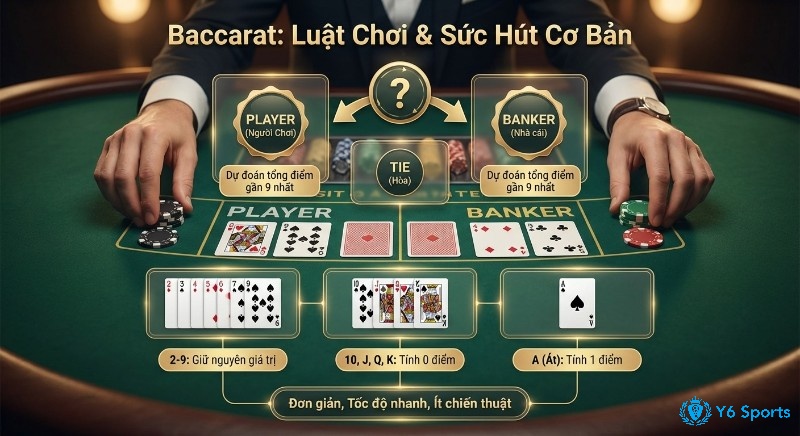 Sơ đồ luật chơi Baccarat cơ bản, hướng dẫn cách tính điểm và đặt cược Player, Tie, Banker, nhấn mạnh sự đơn giản và tốc độ trong so sánh baccarat vs roulette