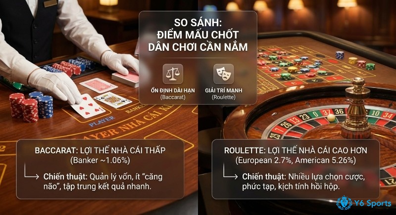 Bảng so sánh Baccarat vs Roulette giúp dân chơi nắm rõ lợi thế nhà cái (1.06% Banker) cùng chiến thuật ổn định dài hạn hay giải trí mạnh