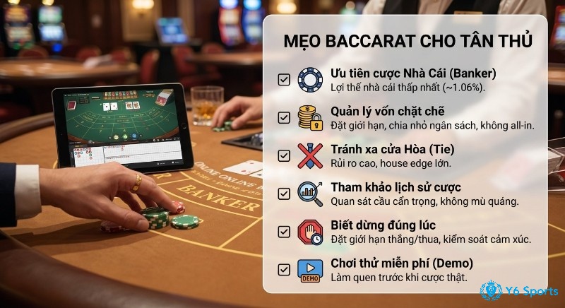 Checklist 6 mẹo chơi Baccarat cho tân thủ giúp tăng cơ hội thắng, ưu tiên cược Banker, quản lý vốn và biết dừng đúng lúc