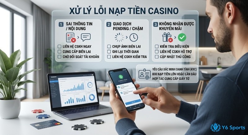 Quy trình xử lý lỗi nạp tiền casino, 3 vấn đề chính (sai thông tin, giao dịch pending, không khuyến mãi) và KYC