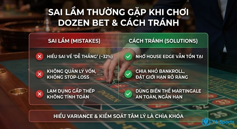 Tổng hợp các sai lầm cần tránh, và giải pháp khi chơi Dozen Bet, nhấn mạnh quản lý vốn, gấp thếp an toàn và kiểm soát tâm lý