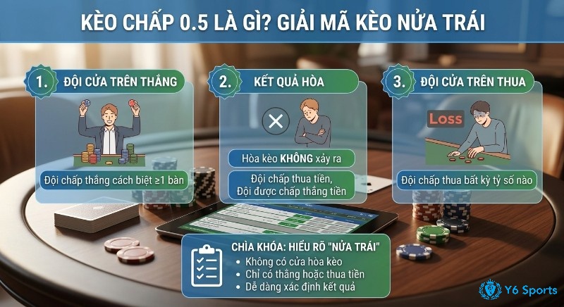 Giải thích kèo chấp 0.5 là gì (nửa trái) qua 3 trường hợp: đội trên thắng, hòa không xảy ra, đội trên thua, giúp dễ xác định kết quả
