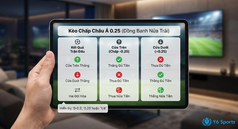 Hướng dẫn chi tiết cách đọc kèo chấp châu Á 0.25 (đồng banh nửa trái) hiển thị 0-0.5, 0.25, 1/4 cùng kết quả thắng thua