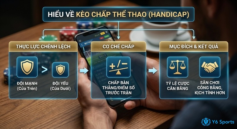 Sơ đồ giải thích kèo chấp thể thao là gì từ thực lực chênh lệch, cơ chế chấp đến mục đích cân bằng cược, sân chơi công bằng