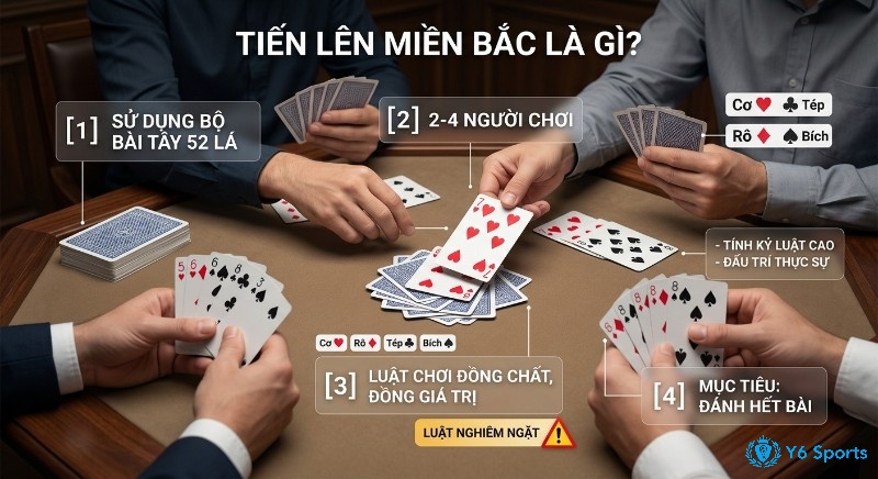 Tổng quan luật chơi Tiến lên miền Bắc là gì nghiêm ngặt: dùng bộ 52 lá, 2-4 người chơi, đồng chất, mục tiêu đánh hết bài