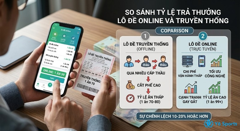 Bảng so sánh tỷ lệ trả thưởng lô đề online và truyền thống, giải thích online ăn 99+ do tối ưu chi phí, khác biệt 10-20%