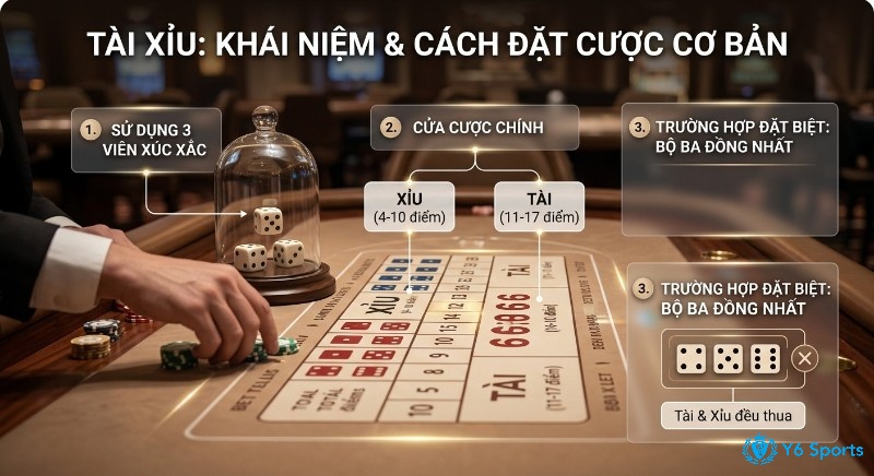 Hướng dẫn đặt cược Tài xỉu: 3 xúc xắc, cửa Tài (11-17 điểm), Xỉu (4-10 điểm) và lưu ý đặc biệt bộ ba đồng nhất khiến bạn thua cược
