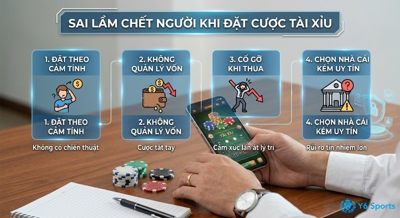Danh sách 4 sai lầm chết người trong cách đặt cược tài xỉu: đánh theo cảm tính, không quản lý vốn, cố gỡ khi thua, chọn nhà cái kém uy tín
