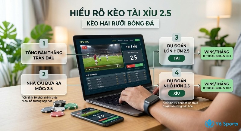 Sơ đồ hướng dẫn 4 bước giải thích kèo Tài Xỉu 2.5 (kèo hai rưỡi bóng đá) chi tiết, từ nhà cái đến điều kiện thắng Tài/Xỉu