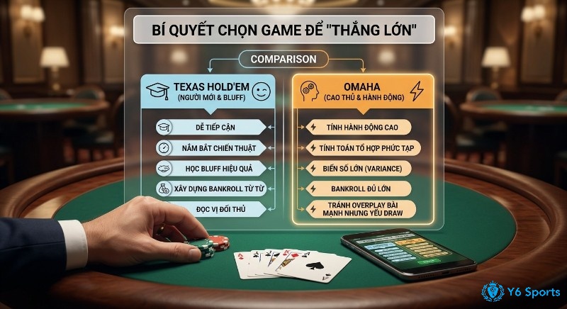 Bảng so sánh khác biệt holdem vs omaha, bí quyết chọn game thắng lớn theo cấp độ người chơi, từ dễ tiếp cận đến hành động phức tạp