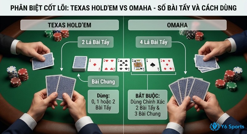 Sơ đồ so sánh khác biệt holdem vs omaha: số lượng bài tẩy (2 vs 4) và quy tắc dùng bài (linh hoạt vs bắt buộc 2 tẩy 3 chung)