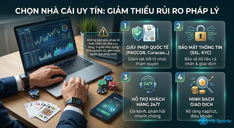 Checklist 4 tiêu chí chọn nhà cái uy tín gồm giấy phép quốc tế, bảo mật thông tin, hỗ trợ 24/7 và minh bạch giao dịch để giảm thiểu rủi ro pháp lý