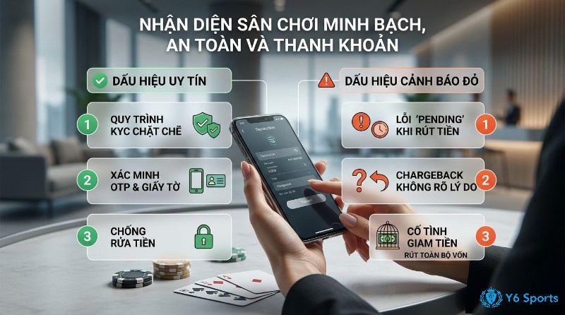 Nhận diện sân chơi minh bạch, an toàn và thanh khoản với quy trình KYC chặt chẽ, xác minh OTP, chống rửa tiền; cảnh báo lỗi pending, chargeback, giam tiền