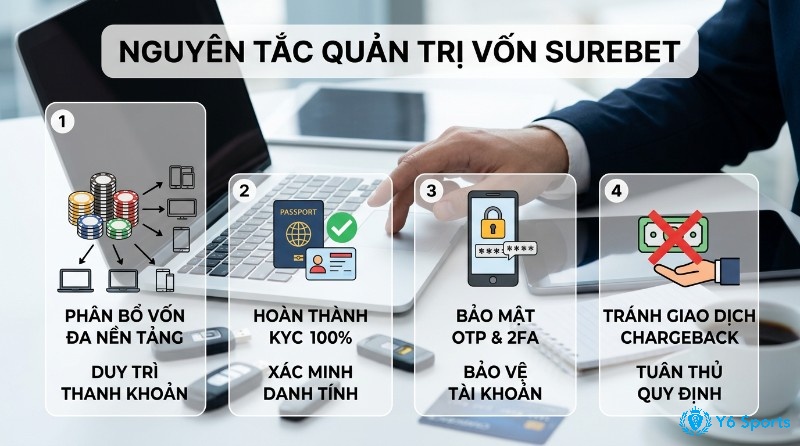 Nguyên tắc quản trị vốn surebet: phân bổ vốn đa nền tảng, hoàn thành KYC 100%, bảo mật OTP & 2FA, tránh giao dịch chargeback để tuân thủ quy định