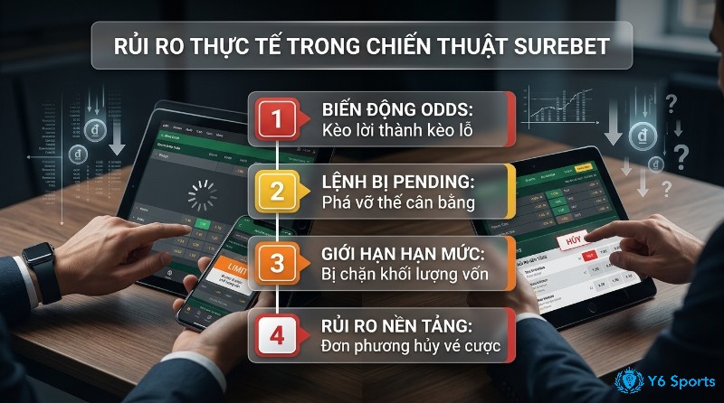 Rủi ro thực tế trong chiến thuật surebet: biến động odds, lệnh pending, giới hạn hạn mức, rủi ro nền tảng khi đặt cược trên nhiều thiết bị