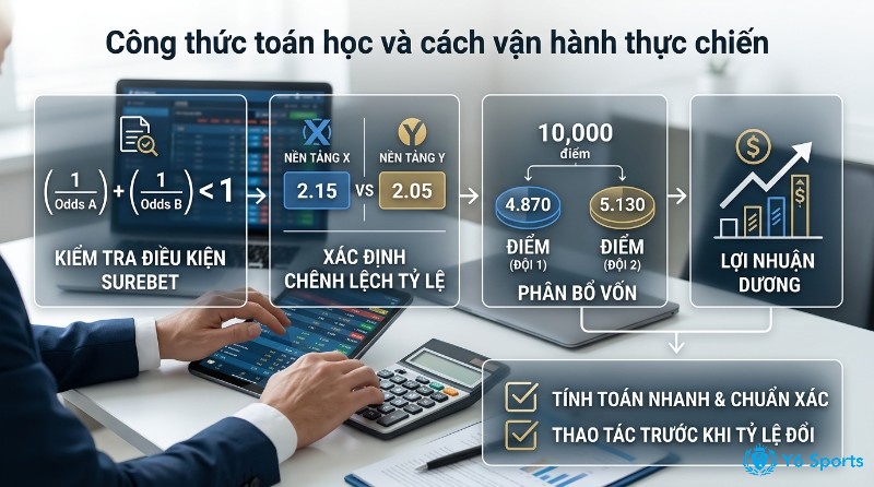 Surebet thực chiến xoay quanh việc rà điều kiện, nhận diện lệch odds như 2.15–2.05 và phân bổ 10.000 điểm vốn để khóa lợi nhuận dương trong chênh lệch odds và surebet là gì