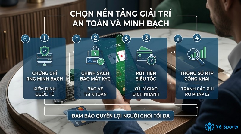Tiêu chí chọn nền tảng giải trí an toàn: chứng chỉ RNG, bảo mật KYC, rút tiền siêu tốc, RTP công khai, đảm bảo quyền lợi người chơi tối đa